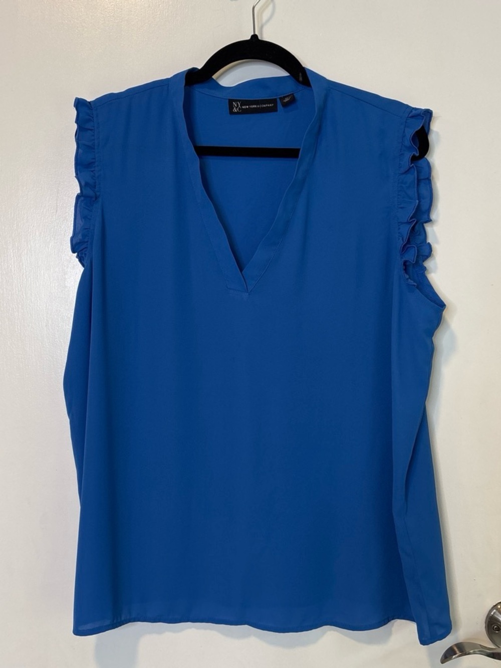 New York & Company Royal Blue V-Neck Ruffle Sleeve Tank